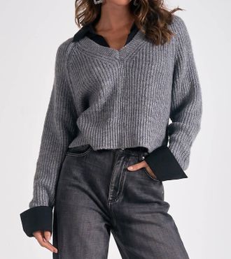 Elan V-Neck Sweater With Collar In Grey