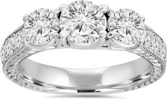 Pompeii3 2ct Vintage Three Stone Round Diamond Engagement Ring 14K White Gold (H/SI2) Size Selectable