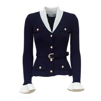 Self Portrait Ribbed Knit Cardigan With Contrasting Collar And Pearl-Embellished Belt