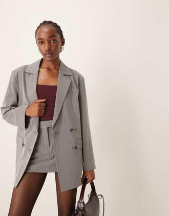 Miss Selfridge slouchy oversized double breasted blazer in gray pinstripe - part of a set