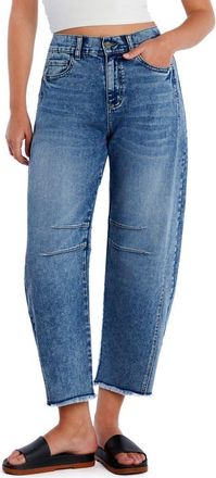 HINT OF BLU Frayed High Waist Crop Barrel Jeans in Frantastic Blue at Nordstrom, Size 31