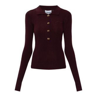 Ganni V-neck Knitwear, female, Red, Size: S Top with embroidered logo