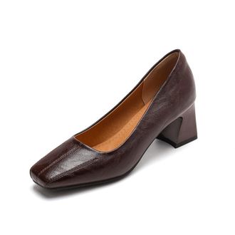 Generic Womens PU Leather Square Toe Pumps Chunky Block Heel Slip-On Design Stitched Detail Comfortable Fashion Daily Shoes,Brown,6.5 UK