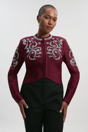 Karen Millen Womens Plus Size Figure Form Bandage Embellished Knit Jacket - Burgundy - Size X-Large