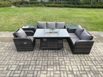 Fimous Garden Patio Furniture Wicker Rattan Gas Fire Pit Table & Sofa Chair set with 2 Side Tables in Dark Grey