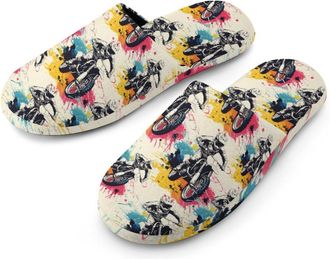 Generic Motocross Biker Dirt Bike Flannel Mens Slip-on Slippers Winter Warm House Shoes with Rubber Sole for Home Hotel