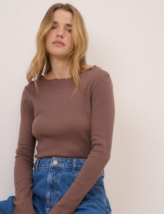 Nobody's Child Brown Boat Neck Frill Ribbed Top