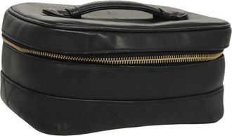Chanel Vanity Pouch Leather Black Leather Handbag (Pre-Owned)