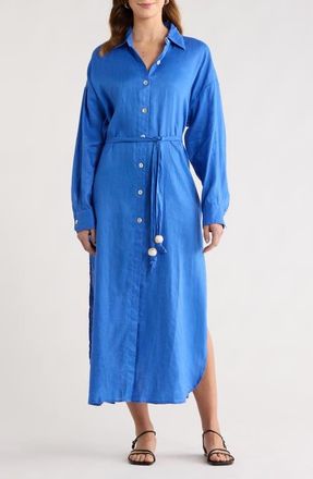 Elan Long Sleeve Linen Maxi Shirtdress in Sapphire Blue at Nordstrom, Size Medium
