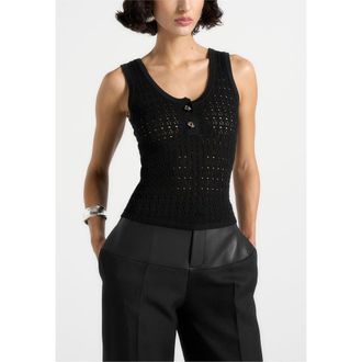 Mani&egrave;re De Voir Nora Pointelle Knitted Vest with Knot Button in Black at Nordstrom, Size X-Small