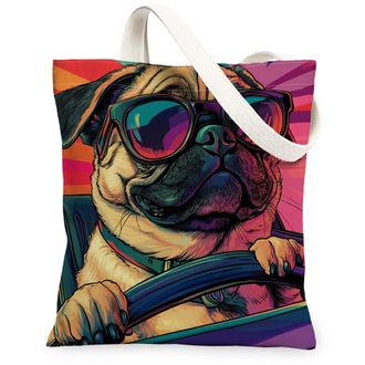Generic Pug Dog Canvas Tote Bag for Shopping 13x15, Pop Aesthetic Funky Puppy Reusable Grocery Print Pattern Bag for Women, Cool Pet Beach Aesthetic Painting 