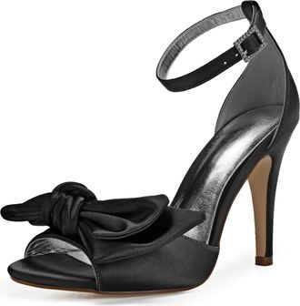 Generic Bridal Shoes Womens Bow Tie High Heels Peep Toe Sandals Sexy Stiletto Wedding Shoes Satin Prom Party Dress Pumps 10.5Cm,Black,8 UK