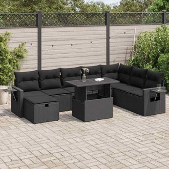 vidaXL Set De Sof&aacute;s De Jard&iacute;n Con Cojines 9 Pzas Rat&aacute;n Sint&eacute;tico Negro