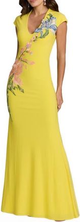 Mac Duggal Cap Sleeve Scoop Neck Jersey Floral Detail Gown in Yellow Multi at Nordstrom, Size 10