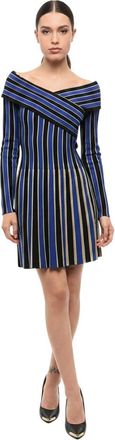 Balmain Blue Stripes Off Shoulder Mini Dress