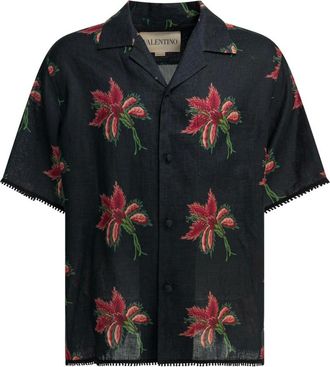 Valentino Overhemden, Heren, Veelkleurig, M, Linnen, Linnen Bowling Shirt met Papier Bloemenprint