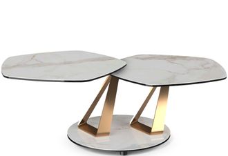 Naos Ausziehbarer Designer Couchtisch Basalto mit rotierenden Tischplatten - Calacatta /Gold