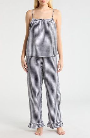 French Connection Gingham Seersucker Cami Pajamas in Utility Blue Combo at Nordstrom, Size X-Large