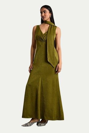 Warehouse Plain Scarf Detail Tie Neck Maxi Dress in Olive at Nordstrom, Size 10