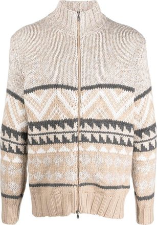 Brunello Cucinelli intarsia-knit cashmere zipped cardigan - men - Cashmere - 50 - Neutrals