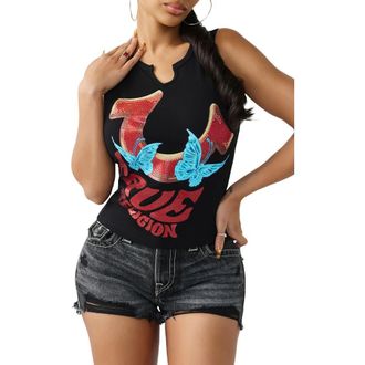 True Religion Crystal Graphic Logo Racerback Tank in Jet Black at Nordstrom, Size Xx-Large