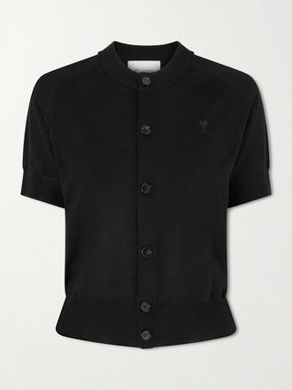 Ami Cardigan In Lana Merino Con Ricami - Nero