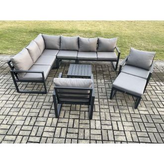 Fimous Fimous 9 Seater Aluminium Garden Furniture Set Outdoor Lounge Corner Sofa 2 Pcs Chair Square Coffee Table Sets with Big Footstool Dark Grey