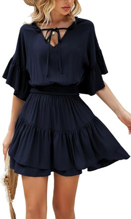 Homeyee Womens Elegant Flutter Sleeve Tie Neck Ruffle Summer Casual Swing Dress A357 (L, Dark Blue)