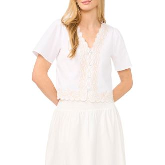 CeCe by Cynthia Steffe Embroidered V-Neck Crop Stretch Cotton Button-Up Shirt in Ultra White at Nordstrom, Size X-Large