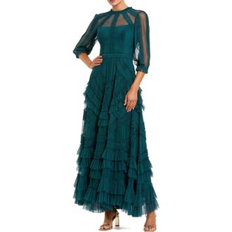 Mac Duggal 3/4 Puff Sleeve Mesh Mirco Ruffle Gown in Teal at Nordstrom, Size 16