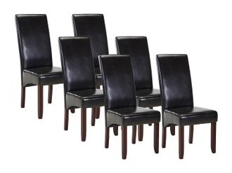 Vente-Unique Conjunto de 6 sillas ROVIGO - Piel sint&eacute;tica marr&oacute;n brillante - Patas de madera oscura