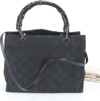 Gucci Bamboo Black Leather Nylon Handbag Shoulder Bag Tote Bag (Pre-Owned)