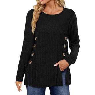Generic Cashmere Jumpers Ladies Womens Long Sleeve Tops Lightweight Button Front Slit Tunic Long Line Jumpers for Women UK Clearance Halloween Plus Size Chris