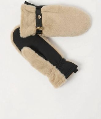 Joseph Ribkoff Womens Belted Jewel Embellished Faux Fur Gloves In Beige/black