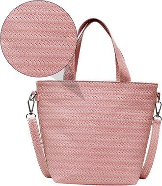 Yarnow Pink Woven PU Bucket Shoulder Bag for Women Detachable Strap Crossbody Handbag with Large Capacity Stylish Barrel Tote for Shopping Parties and Everyd