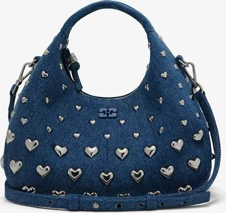 Ganni Blue Denim Stud Mini Hobo Bag