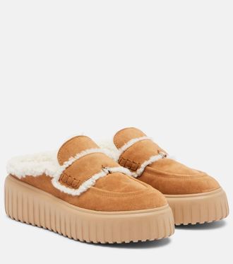 Hogan Shearling-trimmed suede slippers
