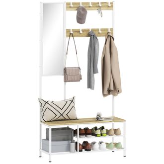 OEM Perchero Zapatero Con Espejo 3 Estantes Banco 10 Ganchos Ajustables Estilo Moderno Para Pasillo 98x34x186 Cm Natural