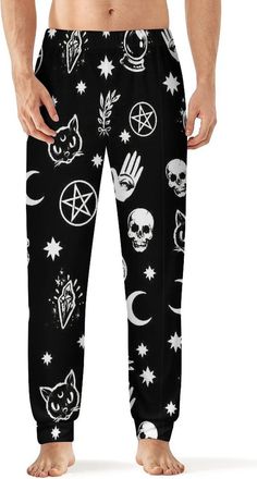 Generic Skull Cat Moon Gothic Mens Pajama Pants Soft Long Lounge Pjs Bottoms Elastic Sleepwear Pant 6XL