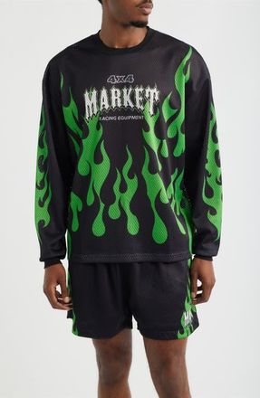 Market Toxic Flames Long Sleeve Mesh T-Shirt in Black/Green at Nordstrom, Size Xx-Large