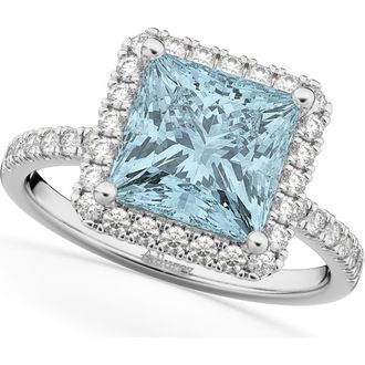 Allurez Princess Cut Halo Aquamarine & Diamond Engagement Ring 14K in 3.47Ct/white Gold at Nordstrom, Size 7.5
