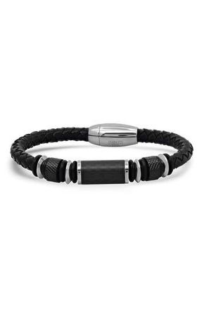Steeltime Mens Black Leather Beaded Bracelet at Nordstrom Rack