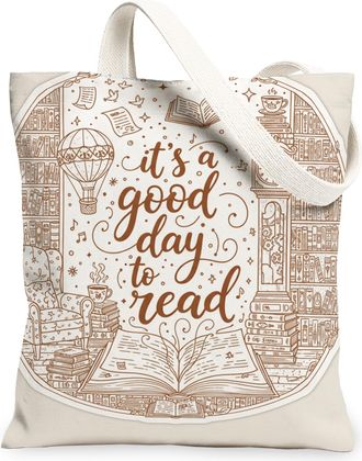 Generic Vintage Artistic Canvas Tote Bag, Books and Reading Theme Reusable Grocery Bags, Lightweight Washable Shoulder Strap Canvas, Beige, 13x15 Inch