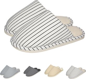 Generic Striped Slippers for Women Men Plush Slip on Slippers, Warm and Comfort Memory Foam, Winter Anti-Slip Soles Home Slipper for Indoor Outdoor Beige