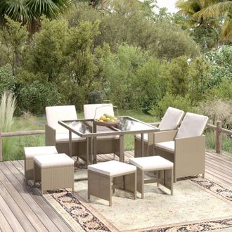 vidaXL Set Comedor De Jard&iacute;n 9 Pzas Con Cojines Rat&aacute;n Sint&eacute;tico Beige Vidaxl