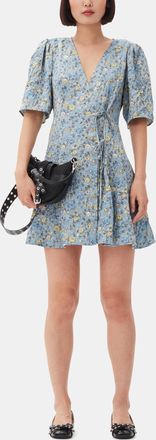 Ganni Blue Floral Printed Crinkled Satin Mini Wrap Dress - Size 40
