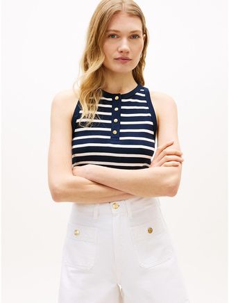 Tommy Hilfiger Womens Stripe Gold-Button Henley Tank Top - Blue - XXS