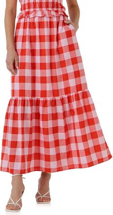 English Factory Gingham Cotton Midi Skirt in Pink/Red at Nordstrom Rack, Size Large