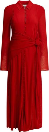 Ganni Lange Mouwen Jurk met Ruches en Knopen tot Midi Lengte - Dames - Shirt Kleedjes - Rood - XS - Kleedjes