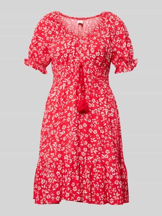 Apricot Minikleid aus Viskose mit Quasten und Smok-Details in Rot, Gr&ouml;&szlig;e XXL